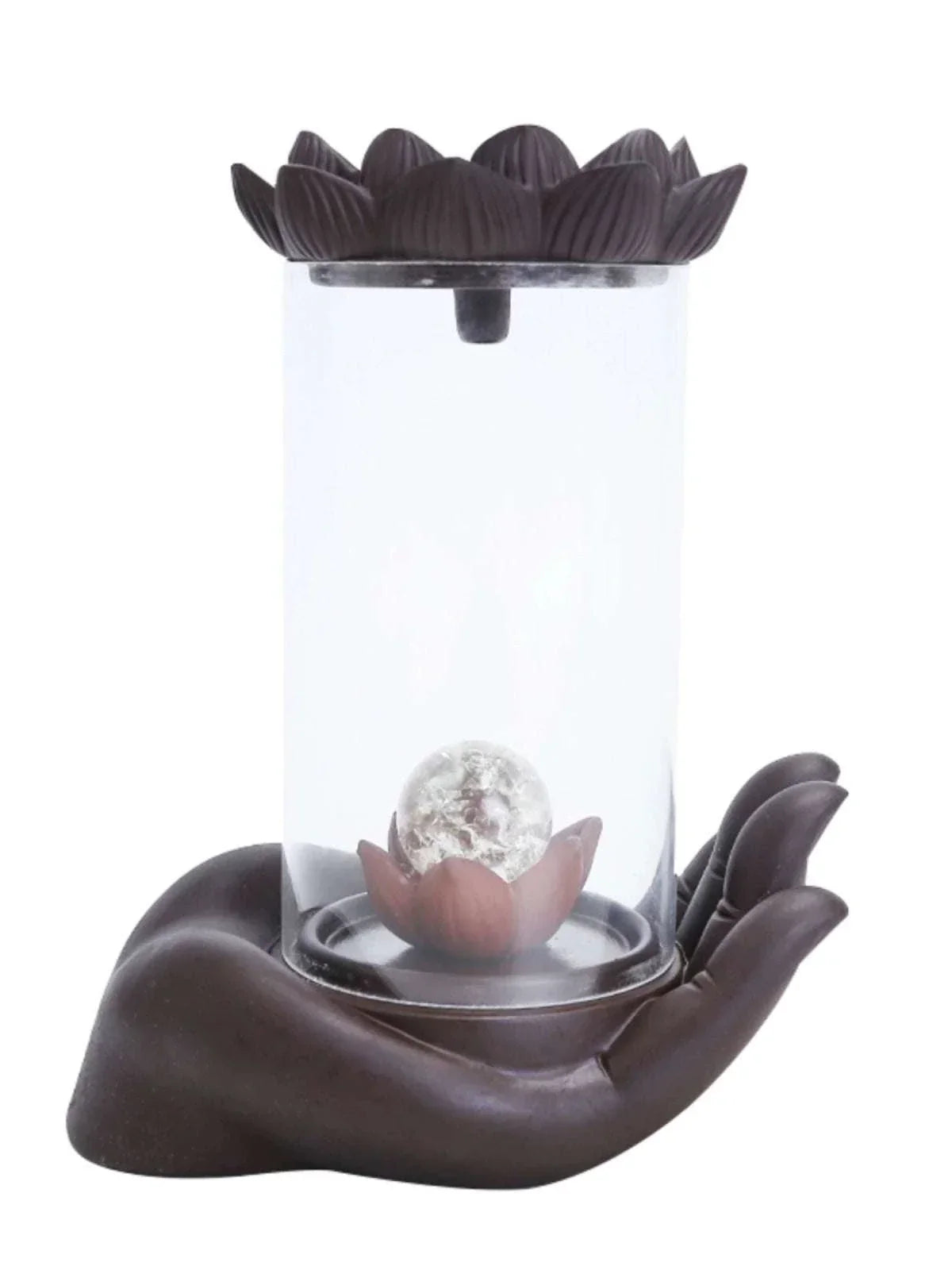 Backflow Purple Sand incense burner with glass lotus and Buddha's hand design on ceramic hand base