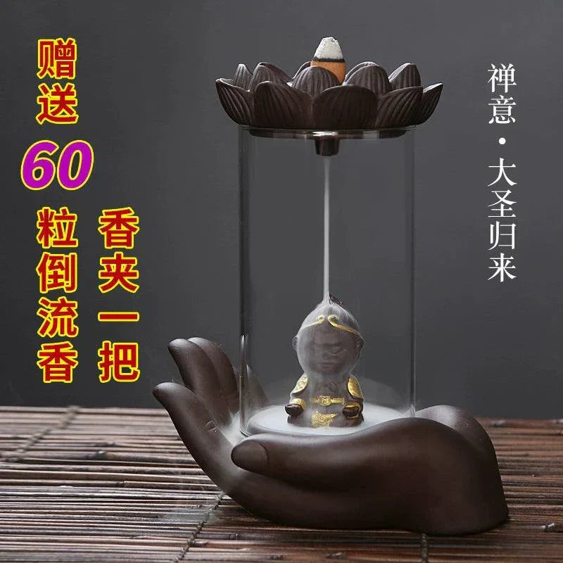 Backflow Purple Sand incense burner with glass cover and Buddha-hand-style lotus decoration