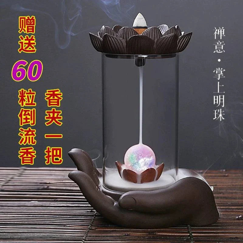 Backflow purple sand incense burner with glass cover featuring Buddha's hand lotus design and ceramic base in new classical style