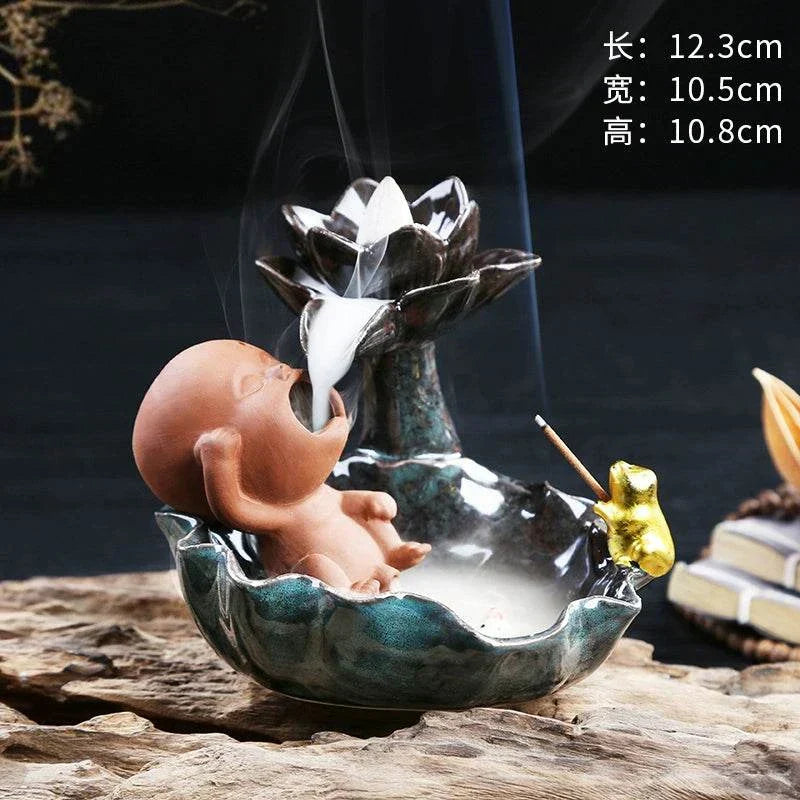 Backflow purple sand ceramic incense burner with Buddha’s hand lotus design and smoke cascading effect