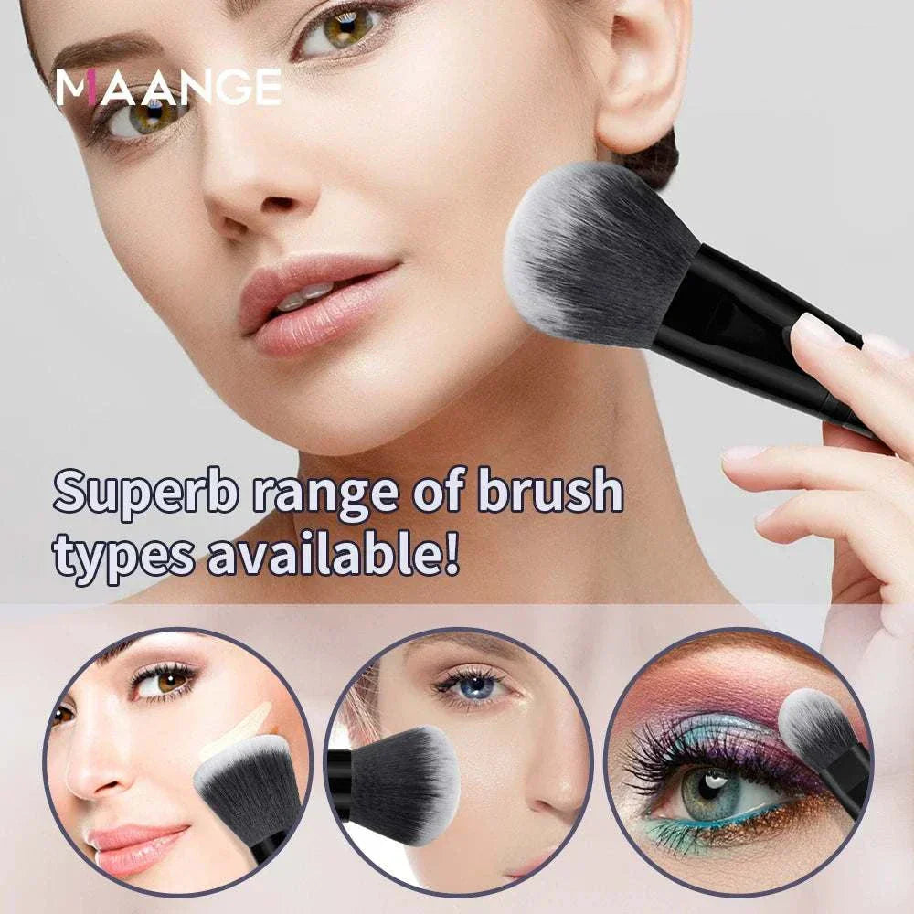 MAANGE 30pcs professional makeup brush set with nylon bristles, plastic handles, and a carrying bag for blending, foundation, concealer, eye shadow, and more.