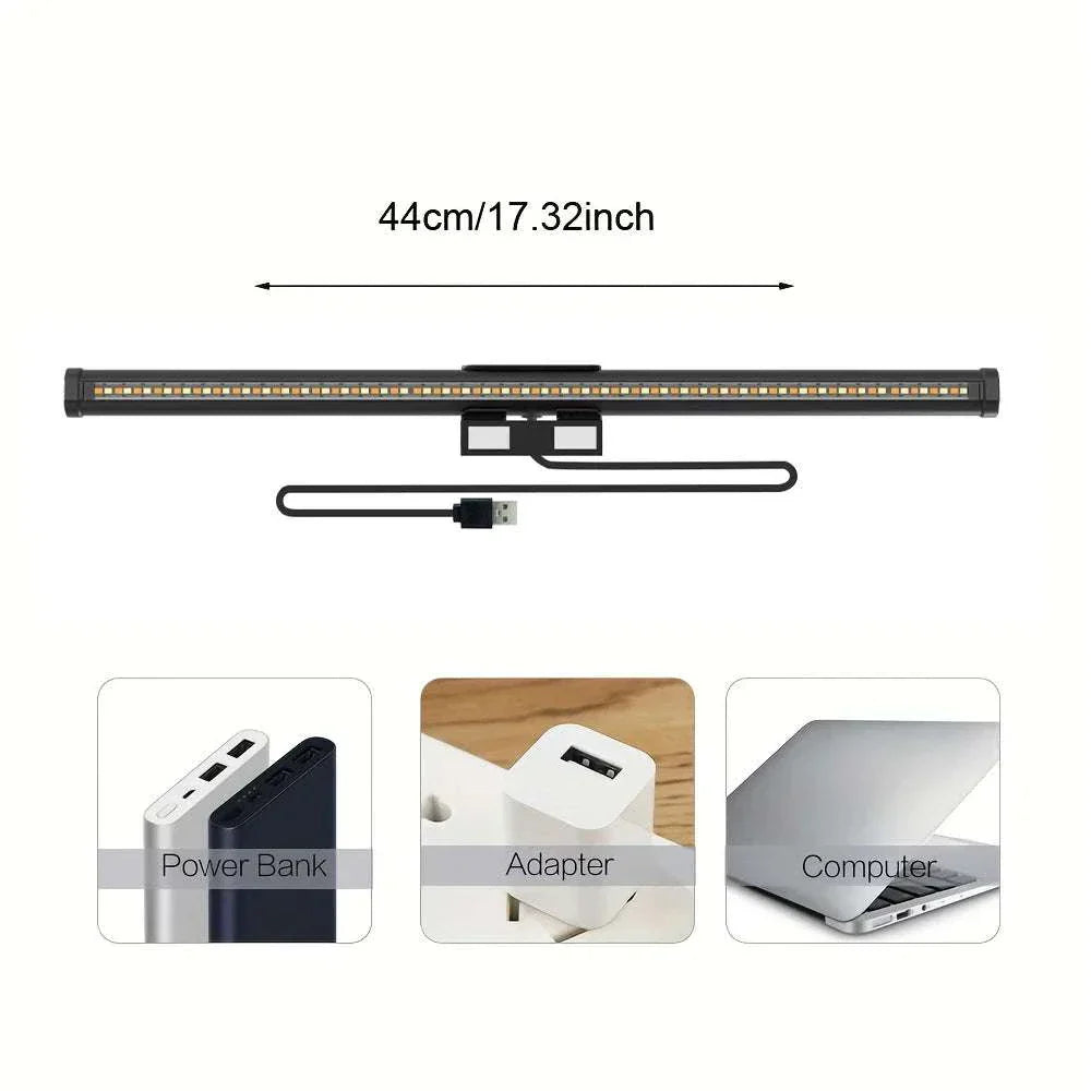 44cm LED monitor light bar with USB power for computer, adapter, and power bank connection