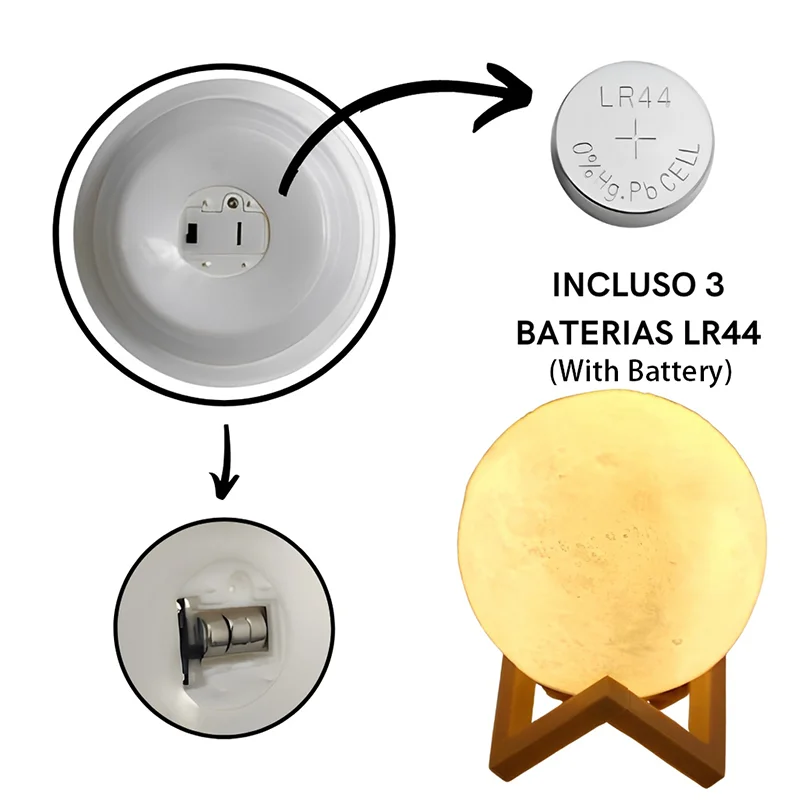 Cosmic Moon LED Book Light with wooden stand and included LR44 batteries, round moon-shaped night light.