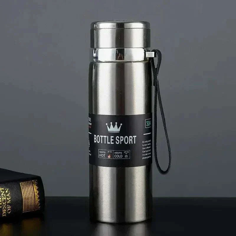Stainless steel 1L thermal water bottle with carrying strap, keeps drinks hot or cold for 6-12 hours.