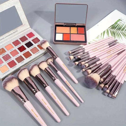 MAANGE 30pcs professional nylon makeup brush set with pink handles and carrying bag for blending foundation eyeshadow and blush