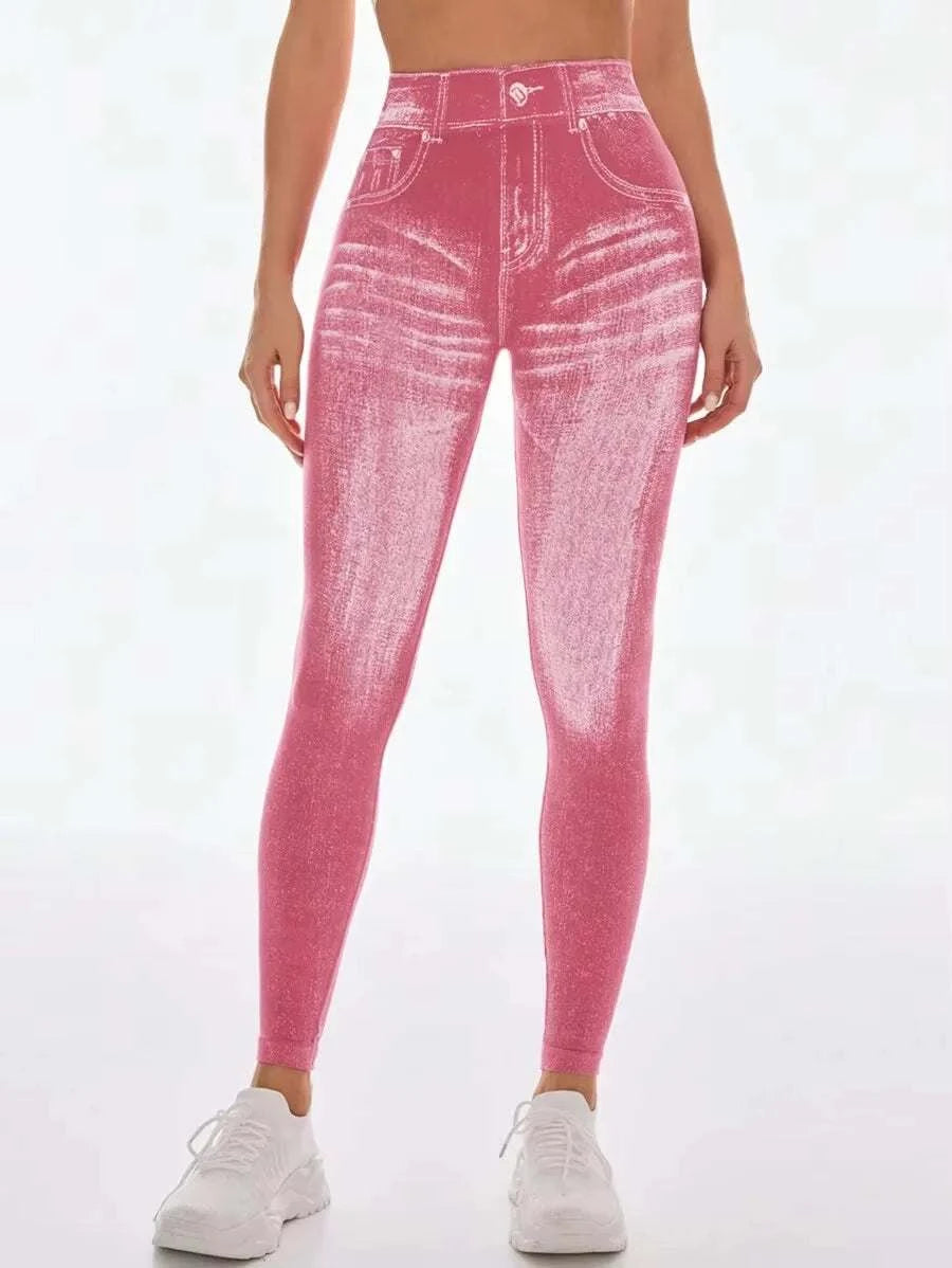 Women’s Athletic Leggings, Seamless Workout Yoga Pants, Faux Denim Look
