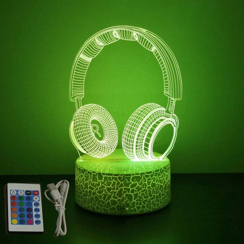 Very bright neon gaming sign shaped like headphones with LED light, remote control, and USB cable on a green glowing base.