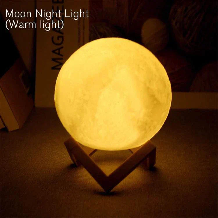 Cosmic Moon LED Book Light with wooden stand emitting warm light, perfect for child birthday gift or bedroom decoration.