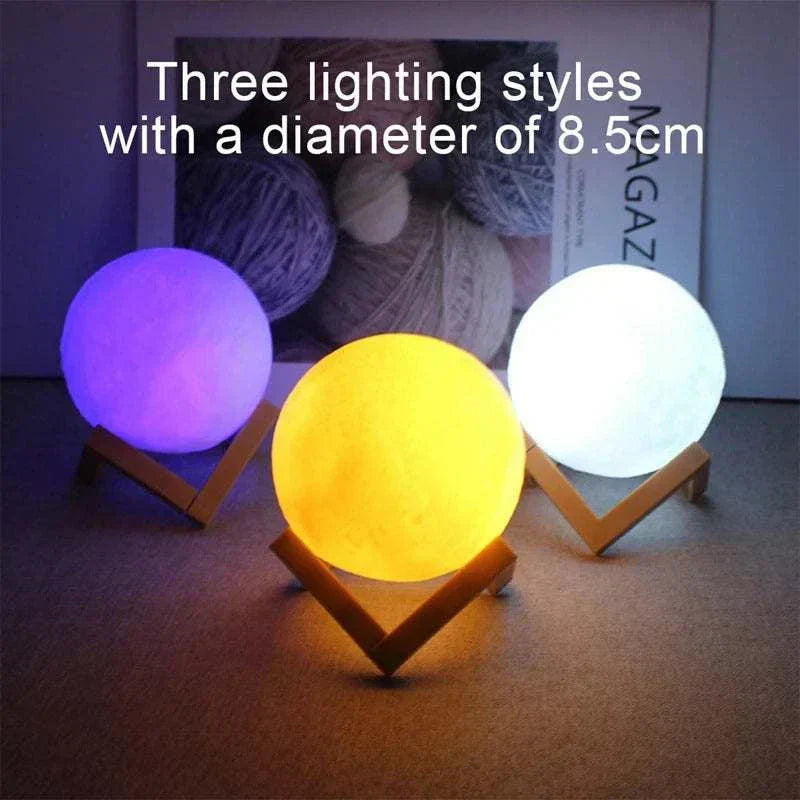 Cosmic Moon LED Book Light with stand showing three lighting styles in purple, warm yellow, and white on wooden holders.