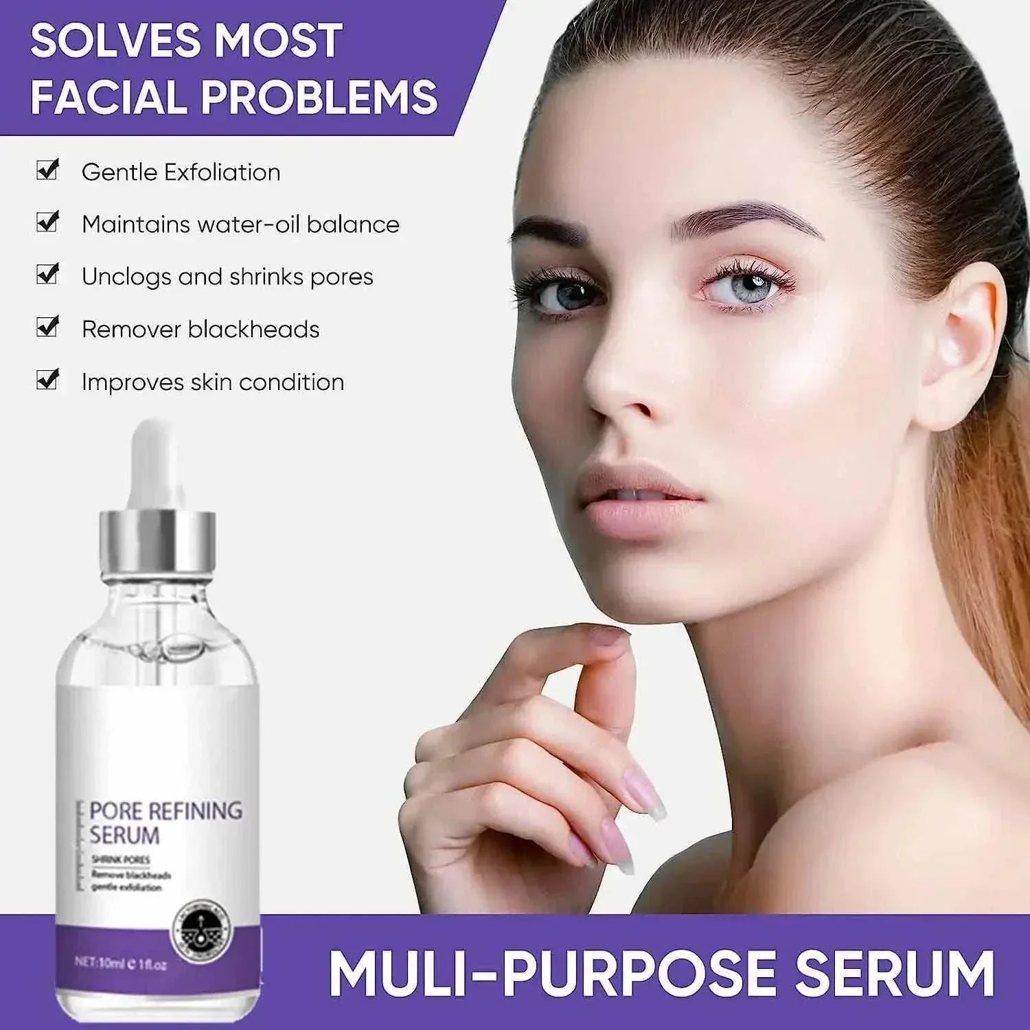 Eelhoe pore shrinking serum bottle with a woman applying serum, highlighting pore refining and facial tightening benefits