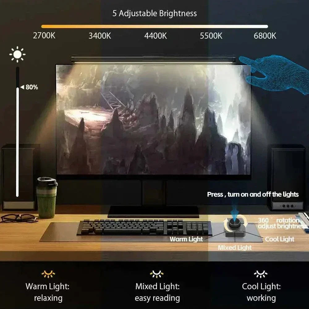 LED monitor light bar with adjustable brightness and color temperature for eye protection and comfortable computer use