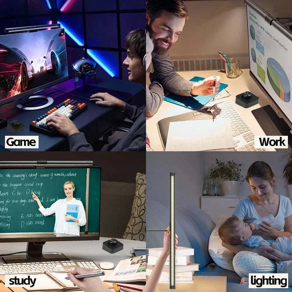 LED monitor light bar illuminating computer setups for gaming, work, study, and ambient lighting.