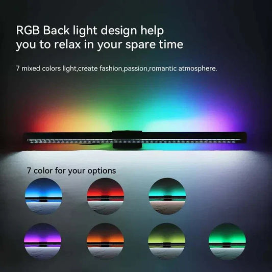 LED monitor light bar with RGB backlight and seven color options for computer screen ambiance and eye protection.