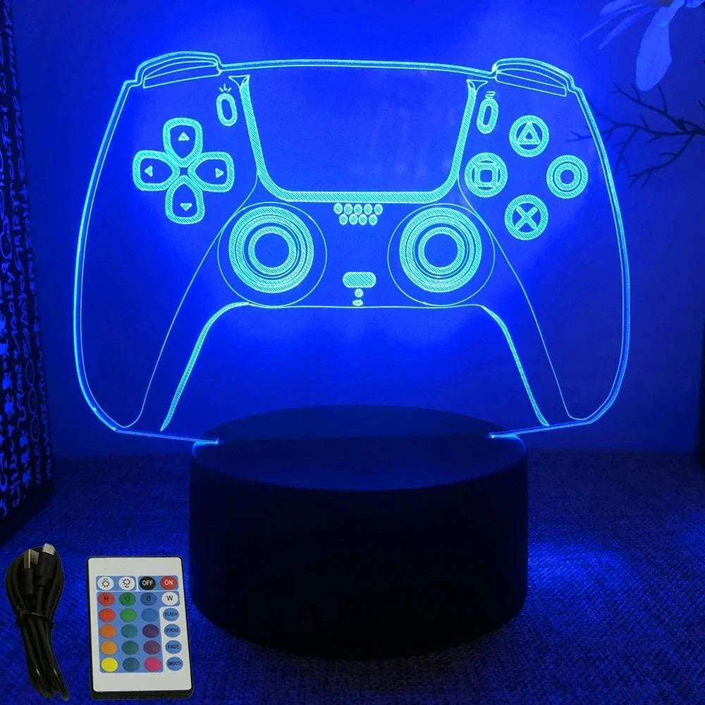 Very bright neon blue LED gaming controller sign with remote control and USB cable on black base