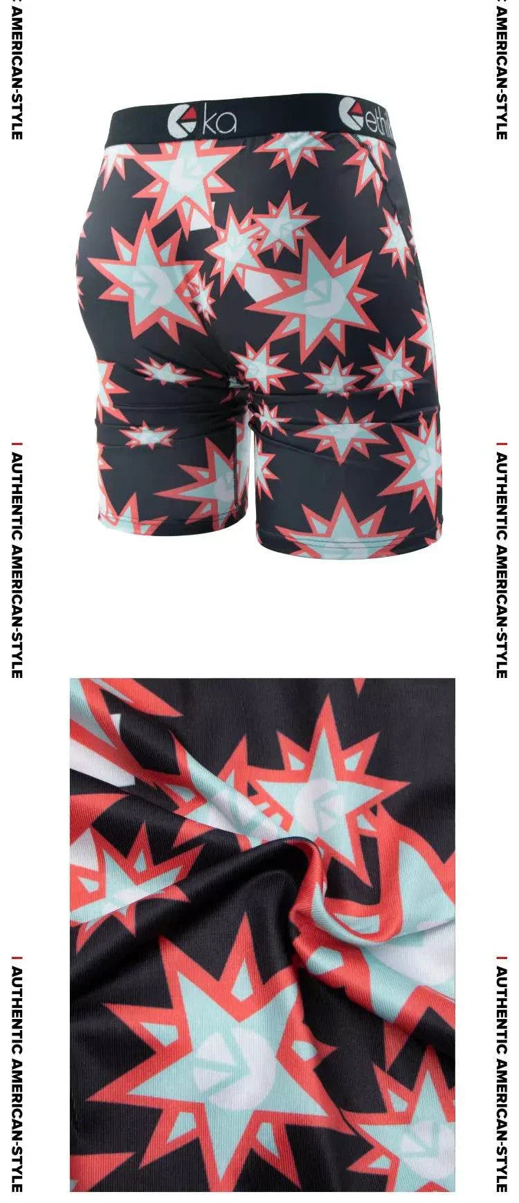 ETHIKA men’s breathable boxer shorts in black with red and white star patterns, plus size up to XXL, made of nylon and polyester.
