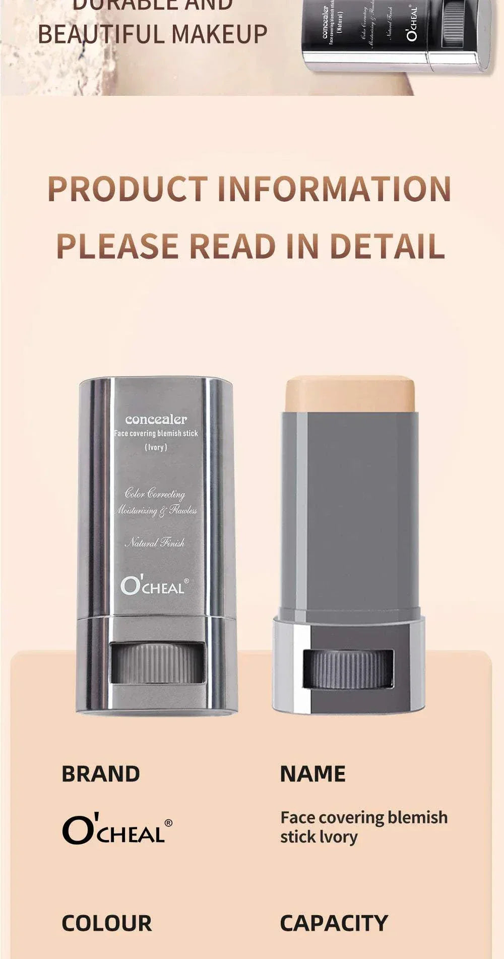 Ocheal Face Foundation contour stick with ivory shade, long-wear, lightweight, waterproof concealer makeup stick