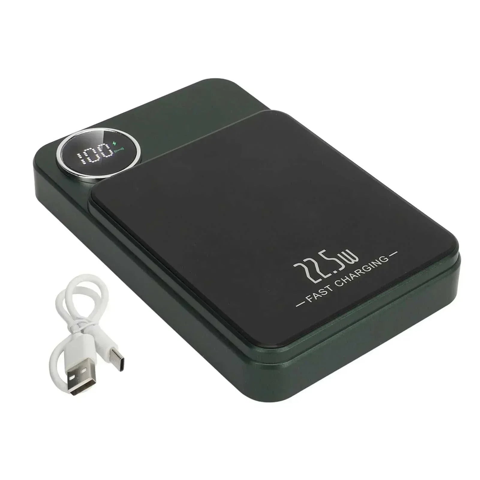 Massive 5000mAh wireless fast charging power bank with 23W max output and USB-C cable included