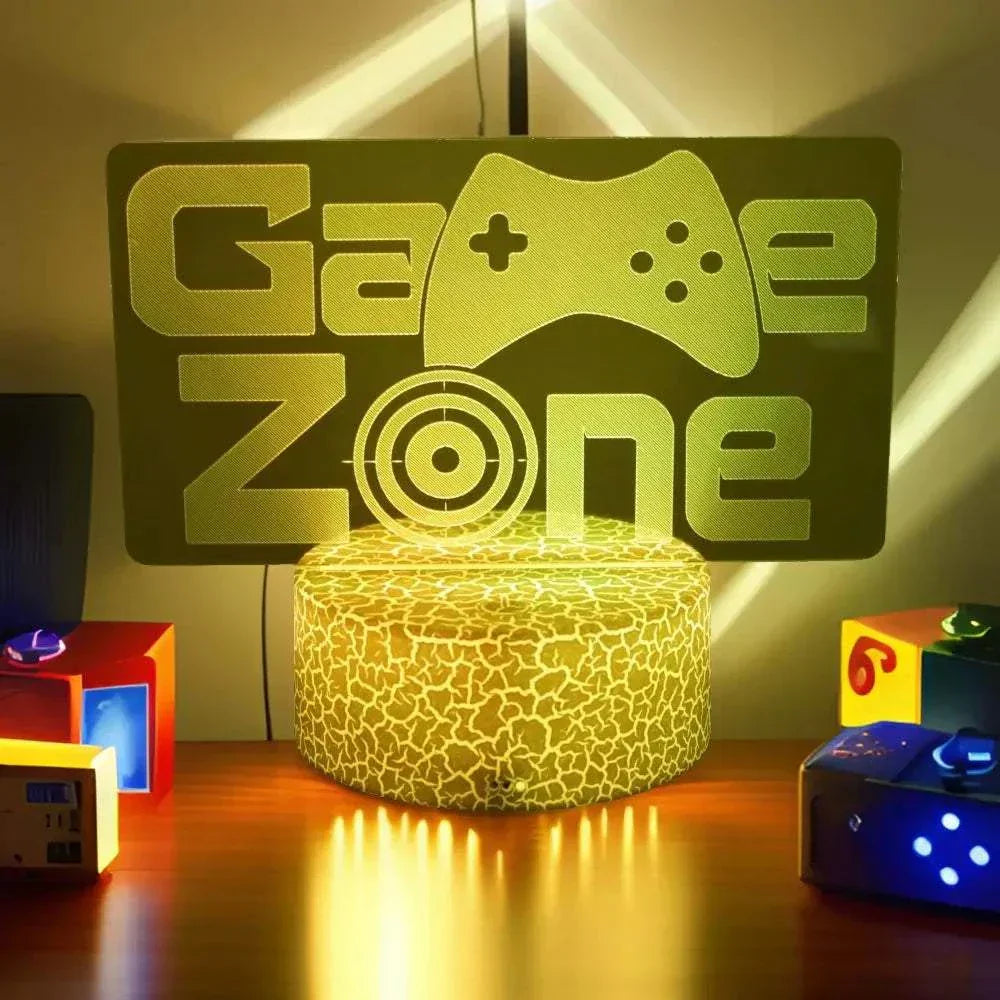Very bright neon gaming sign with "Game Zone" text and game controller design on 3D LED lamp base, glowing yellow.
