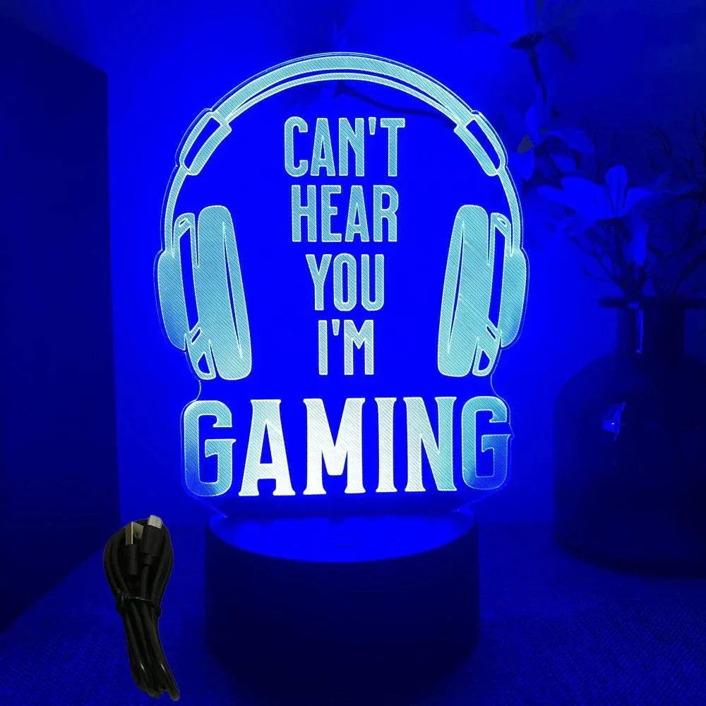 Very bright blue neon gaming sign with headphones and "Can't hear you I'm gaming" text, LED 3D lamp decoration