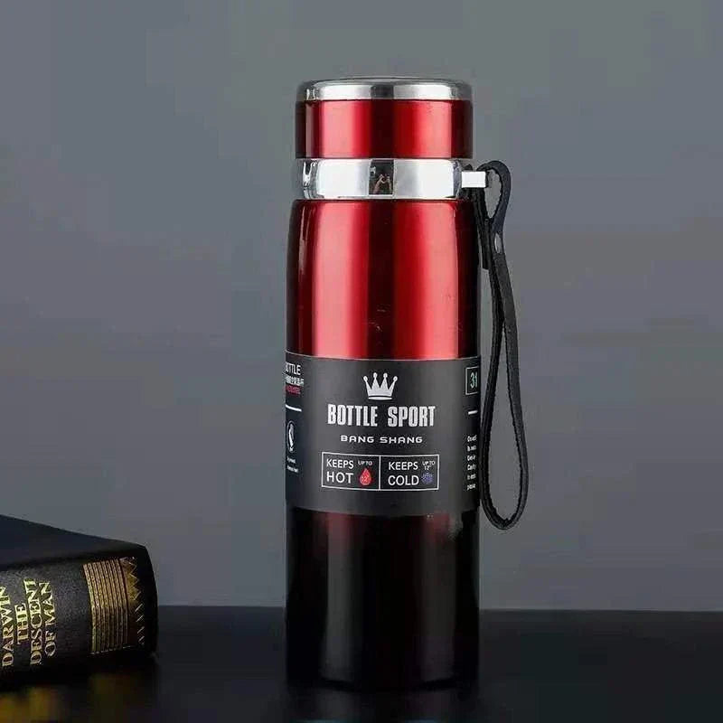 Red and black 1L stainless steel thermal water bottle with handle strap, keeps drinks hot or cold, high-quality insulated bottle