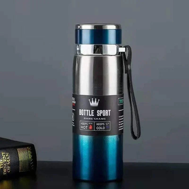 Stainless steel 1L thermal water bottle in blue and silver, vacuum insulated to keep drinks hot or cold for 6-12 hours with a sport design and carrying strap.