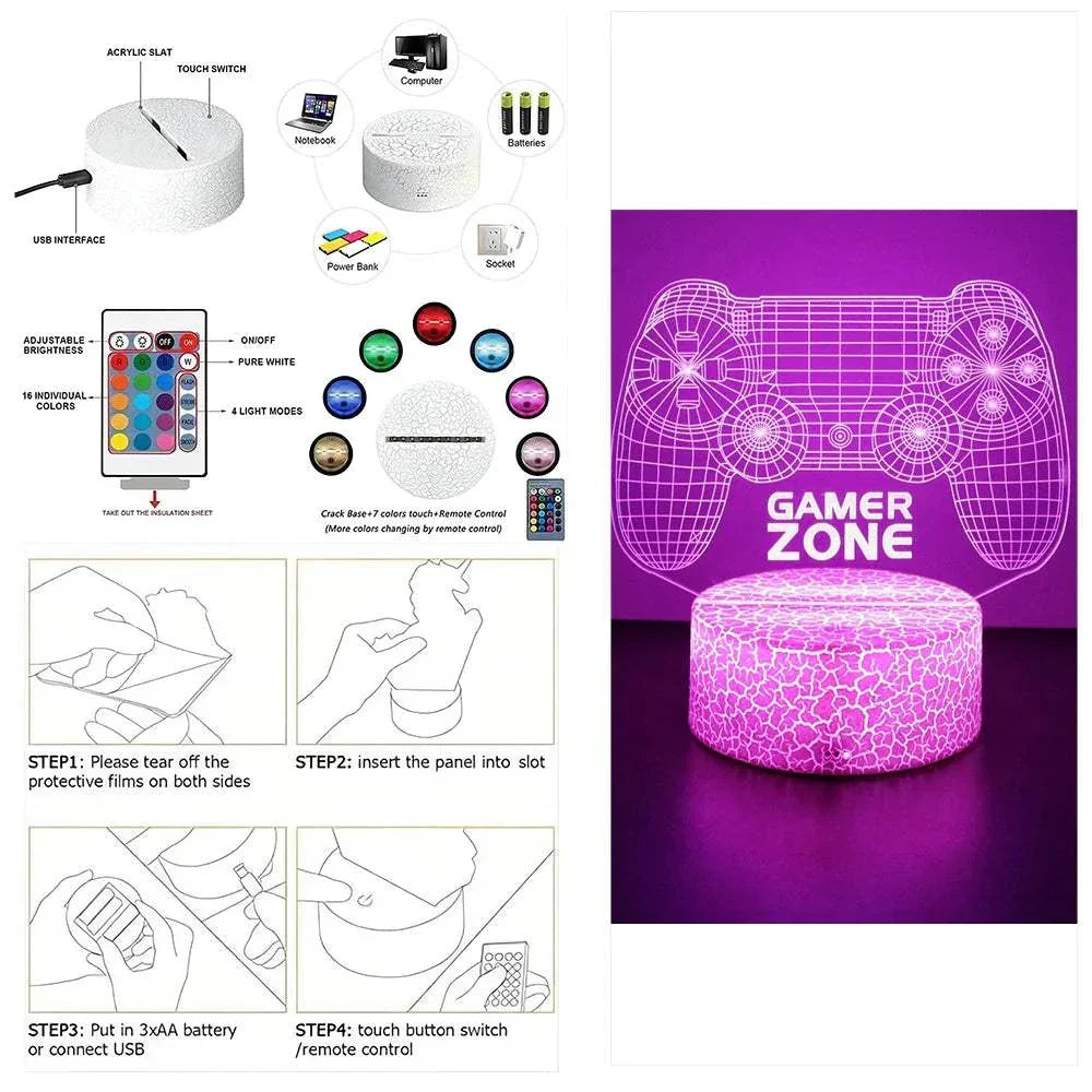 Very bright neon gaming sign 3D LED lamp with remote control and multiple color options, energy-efficient night light for gaming decor.