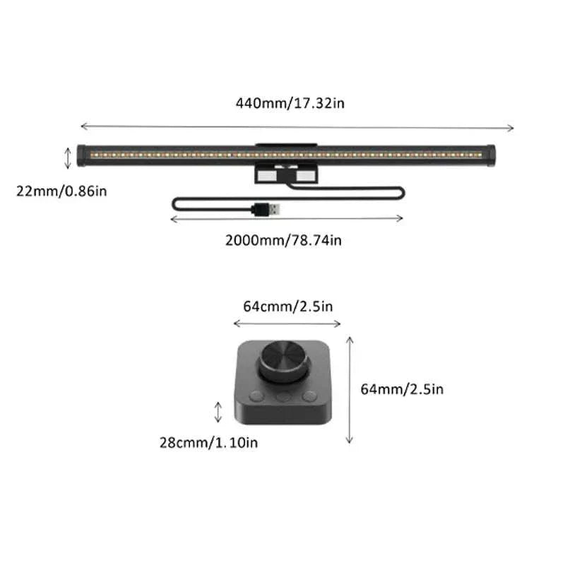LED monitor light bar with RGB and non-RGB options, 44cm length, touch and remote control, adjustable color temperature and brightness, eye protection features, magnetic fixation.