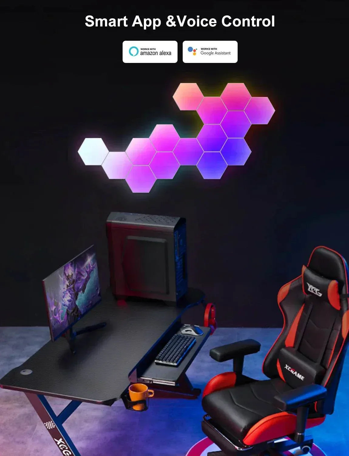 Streamer Gamer Hexagon LED buildable wall light with app, voice and remote control, six panels and smart home compatibility