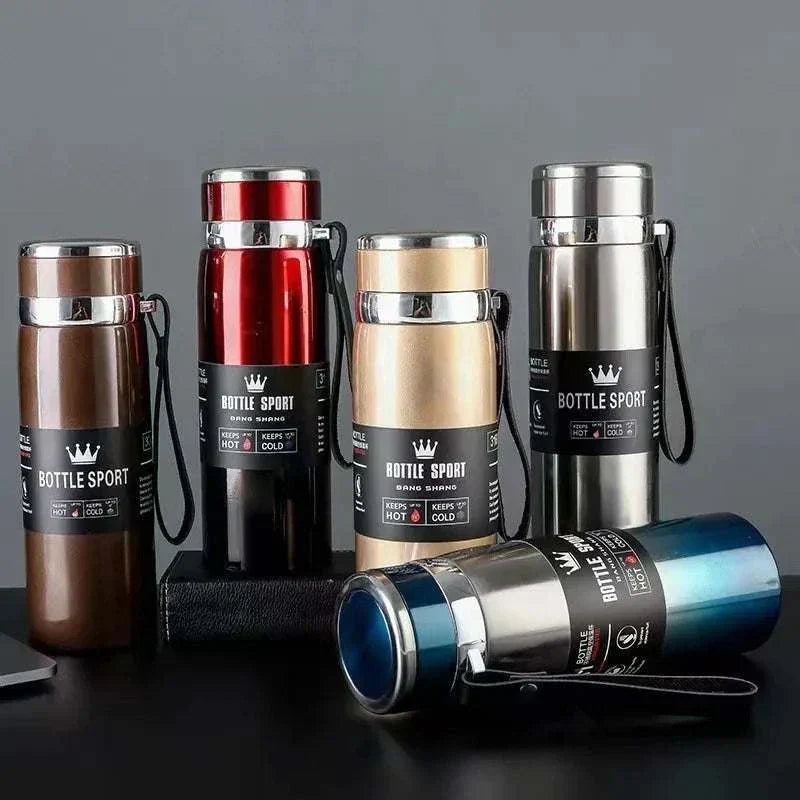 Set of high-quality 1L stainless steel thermal water bottles in multiple colors for keeping drinks hot or cold.