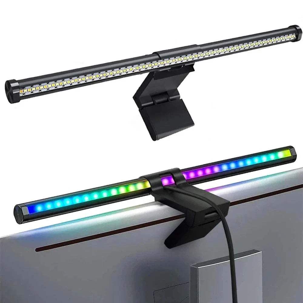 44cm LED monitor light bar with RGB and non-RGB options, touch control, magnetic mount, adjustable angles, and eye protection features for computer screens.