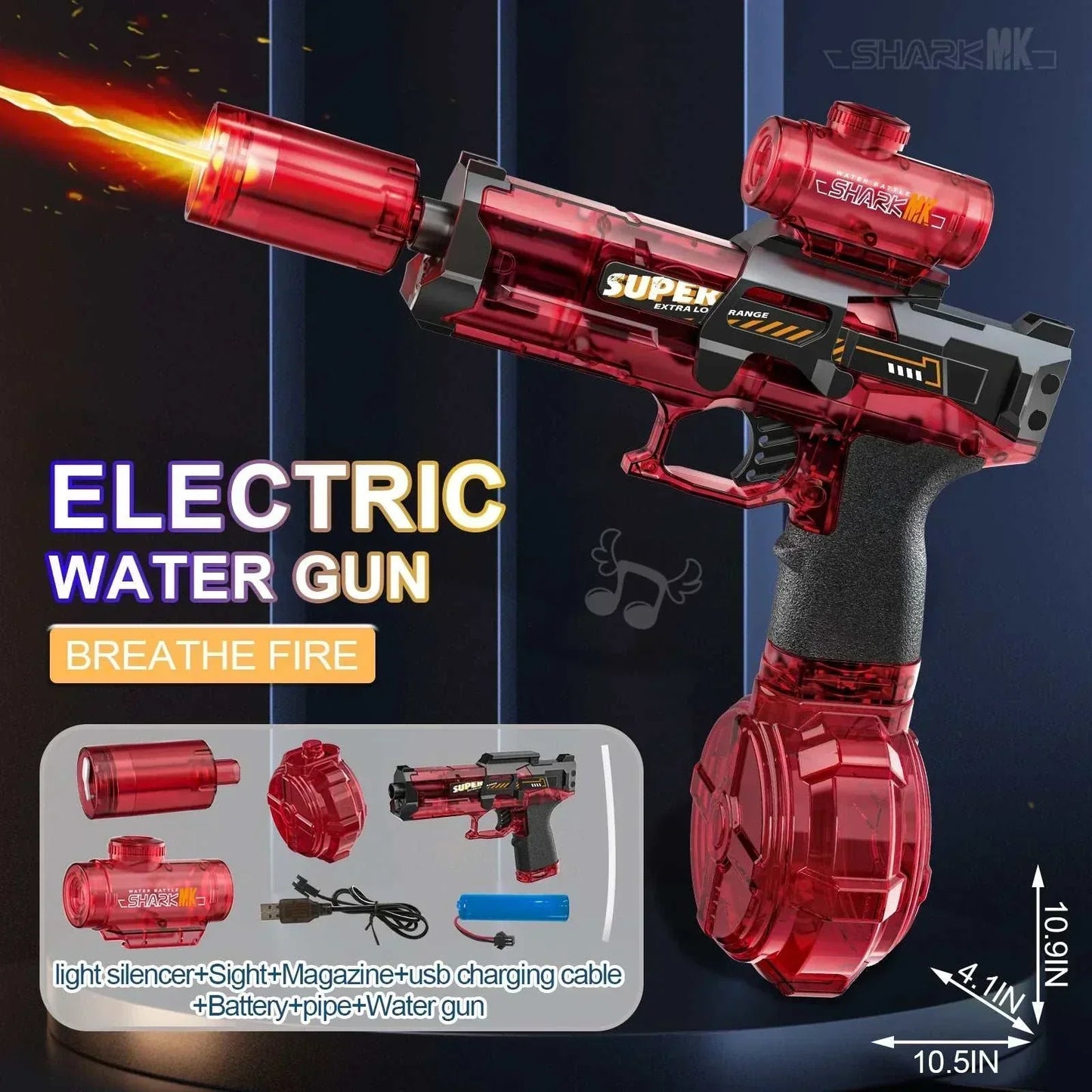 Red Electric WaterGun toy with light and flame spray effect, high-pressure and high-speed outdoor water blaster for kids safe play