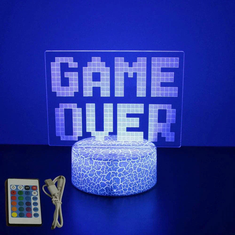 Very bright neon gaming sign with game over text, LED 3D lamp with remote control and USB cable.