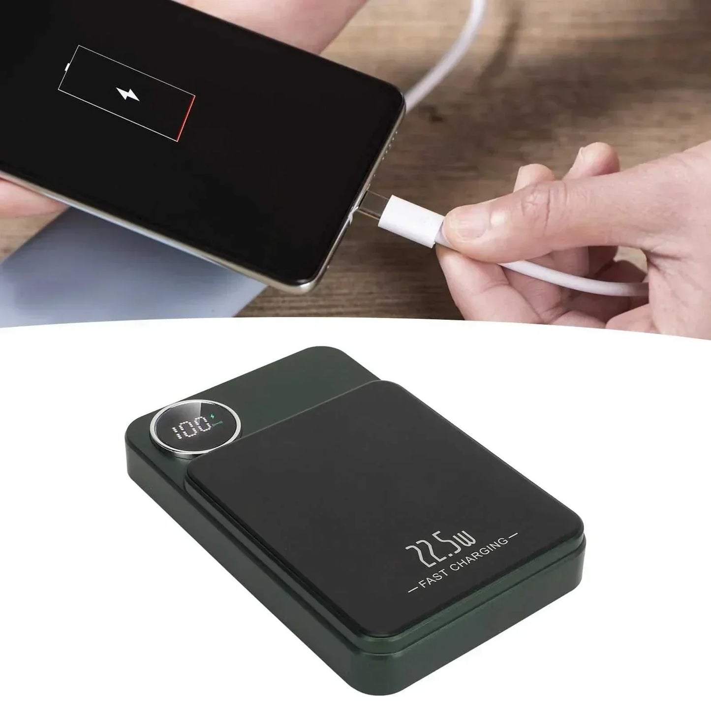Massive 5000mAh wireless fast charging power bank with USB-C 23W max output and digital power display