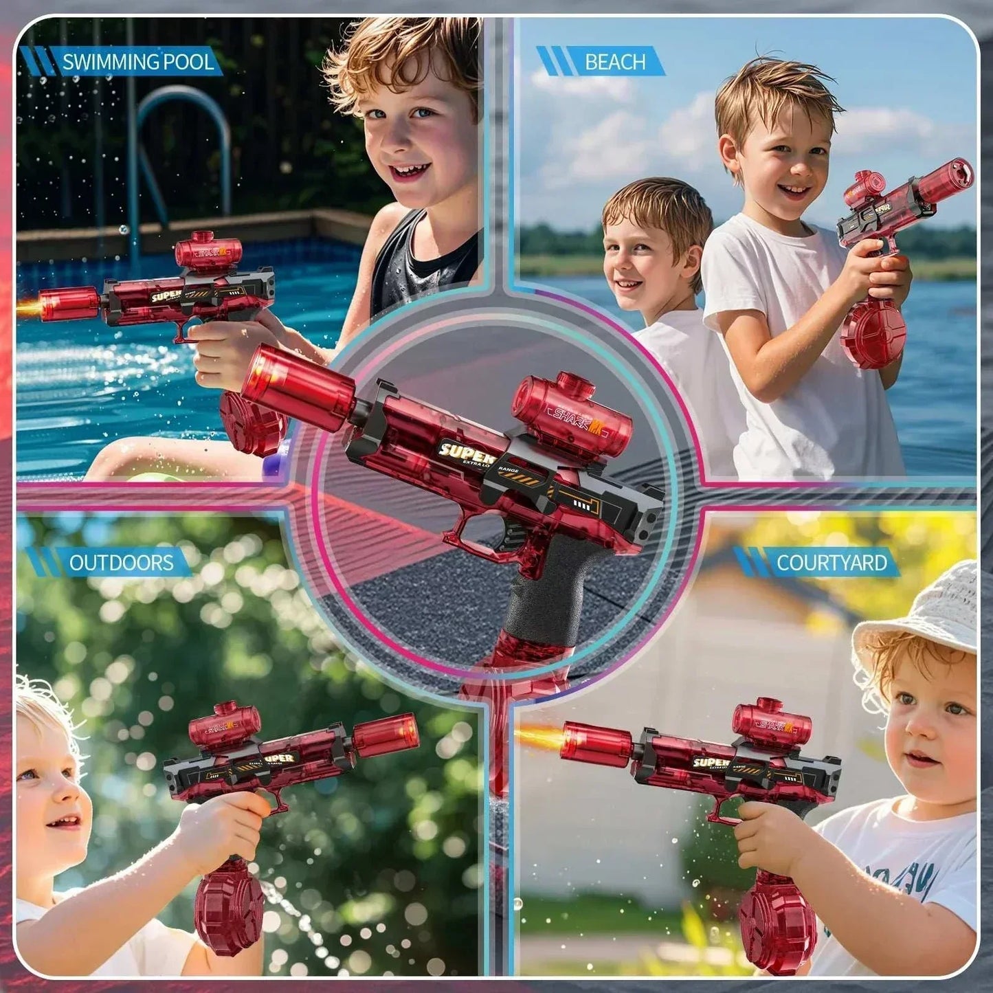 Electric WaterGun toy with flame spray effect and lights, shown in use by kids outdoors, at the beach, swimming pool, and courtyard