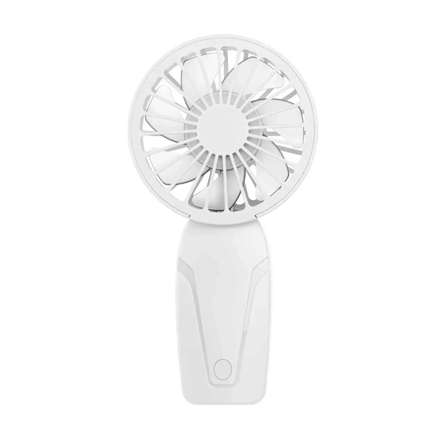 White cute portable handheld USB rechargeable fan with compact design and three-speed settings for on-the-go cooling