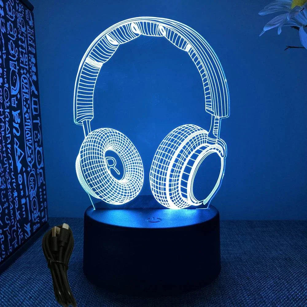 Very bright neon gaming sign shaped like headphones with LED 3D lamp and black base