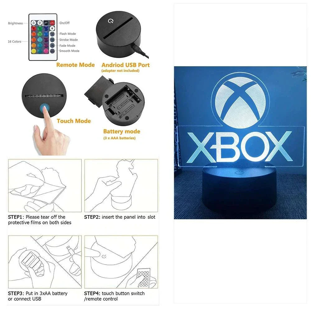 Very bright neon gaming sign LED lamp with remote and touch control, Xbox design on acrylic panel with wood base.