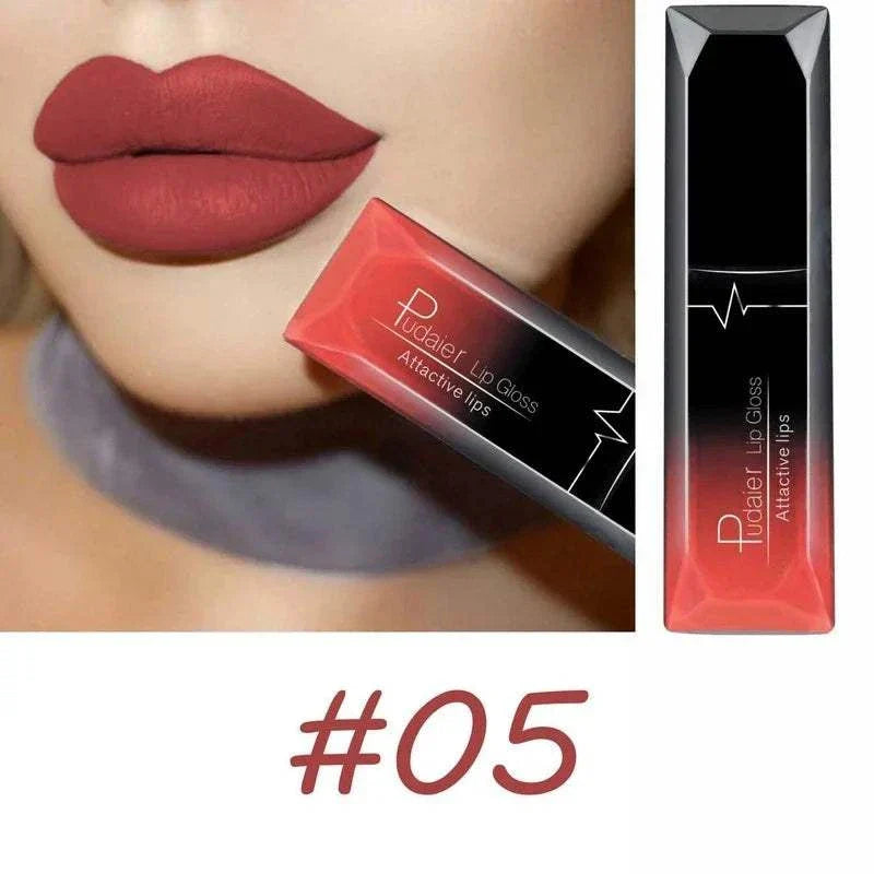 Close-up of lips wearing matte red lipstick shade #05 with tube of Pudaier Lip Gloss TOP-RATED TikTokMadeMeBuyIt Lip Stick shown