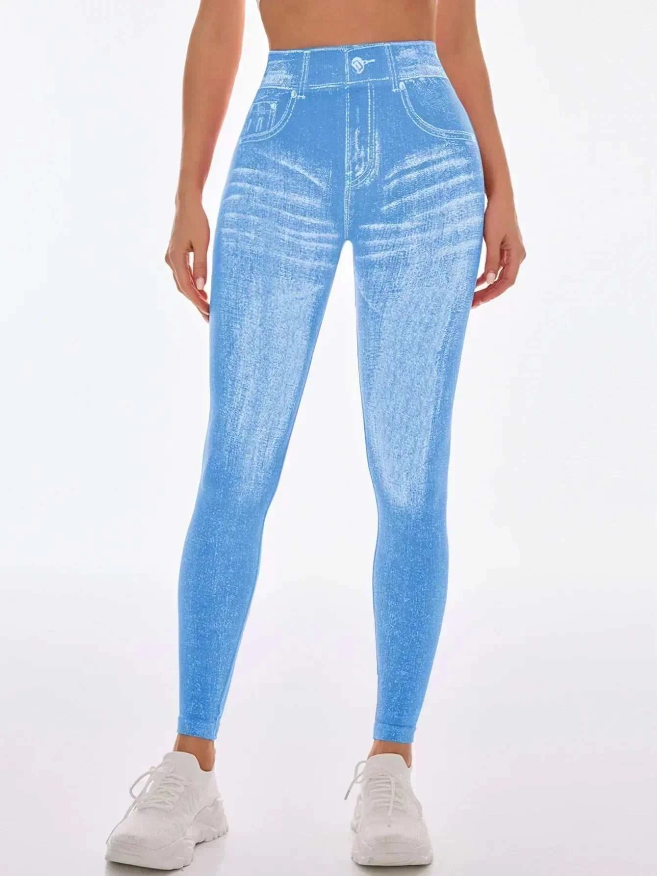 Women’s Athletic Leggings, Seamless Workout Yoga Pants, Faux Denim Look