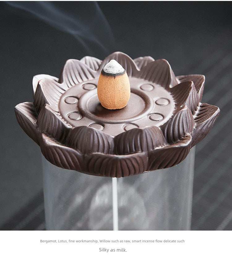 Backflow purple sand lotus-shaped ceramic incense burner with smoke effect on glass base