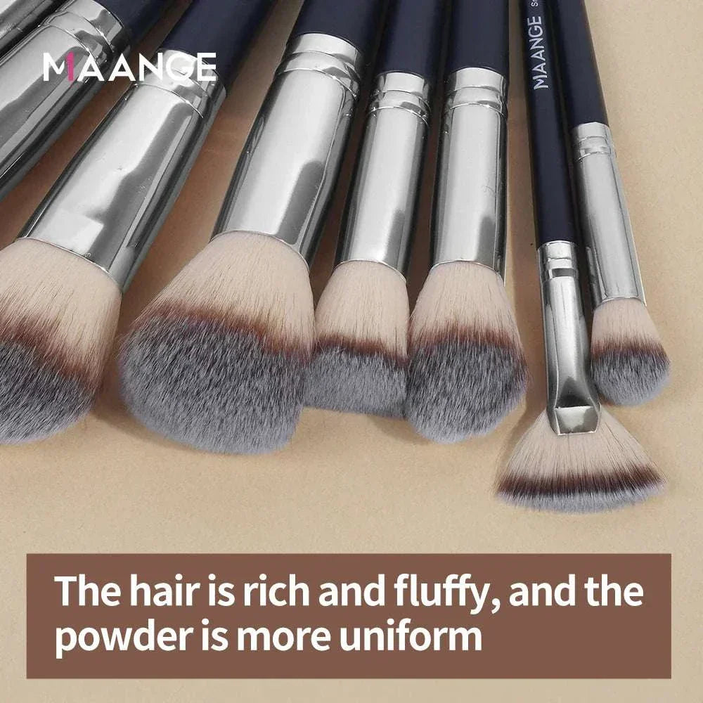 MAANGE 30-piece professional makeup brush set with nylon bristles, plastic handles, and carrying bag for blending foundation, concealer, eyeshadow, powder, and more.