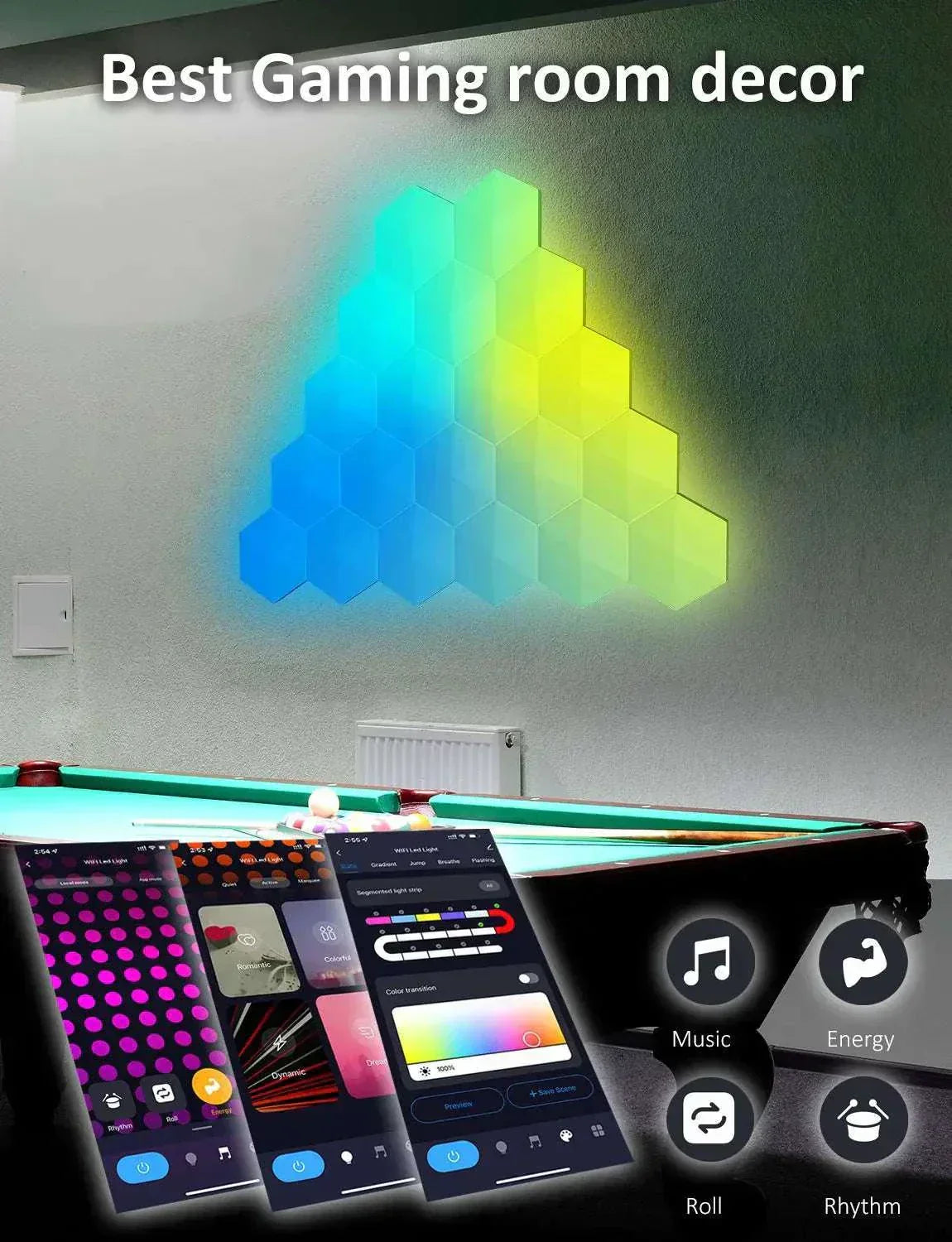 Streamer Gamer Hexagon LED buildable wall light with app, voice and remote control, six panels and smart home compatibilityHexagon buildable LED wall light with app and voice control in colorful gradient, ideal for gaming room decor.