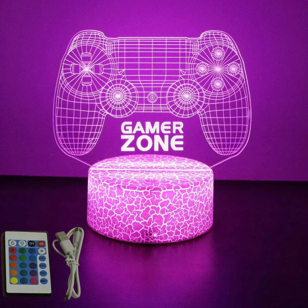 Very bright neon gaming sign with 3D LED lamp, remote controlled multicolor light and touch mode, designed as gaming controller with "Gamer Zone" text on a glowing round base.