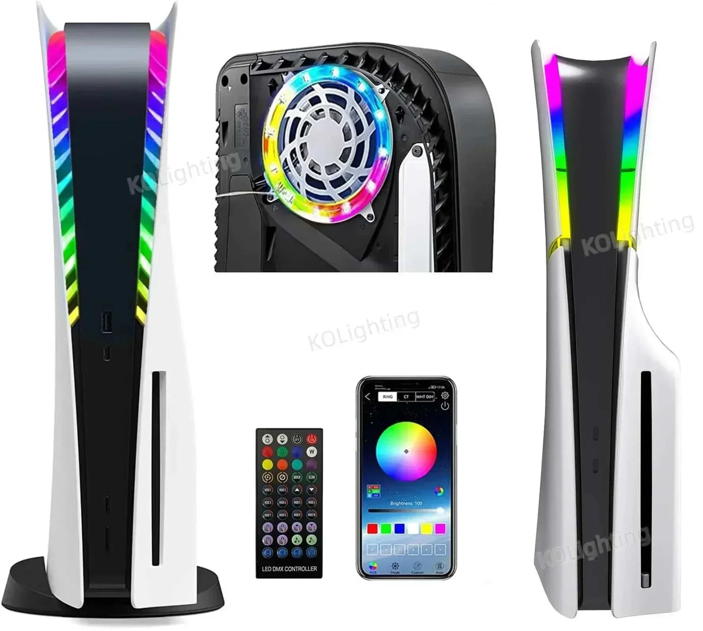 LED RGB Circle LigLED RGB Circle Light Strips for PS5 and PS5 Slim with USB, remote, and app control for PS5 and PS5 Slim gaming atmosphere enhancementht Strips for PS5 with remote control and smartphone app compatibility, showing vibrant multi-color gaming atmosphere lighting.