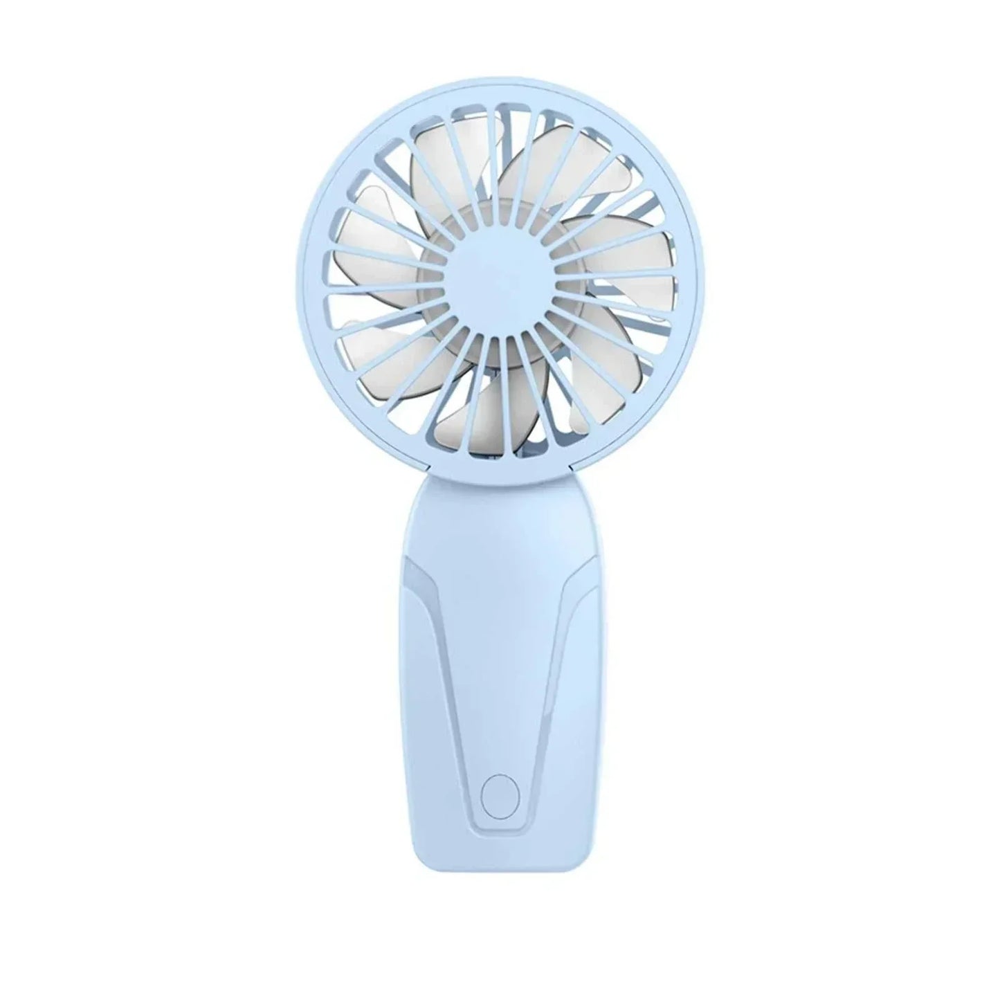Cute portable handheld USB rechargeable fan in light blue for on-the-go cooling with three-speed settings
