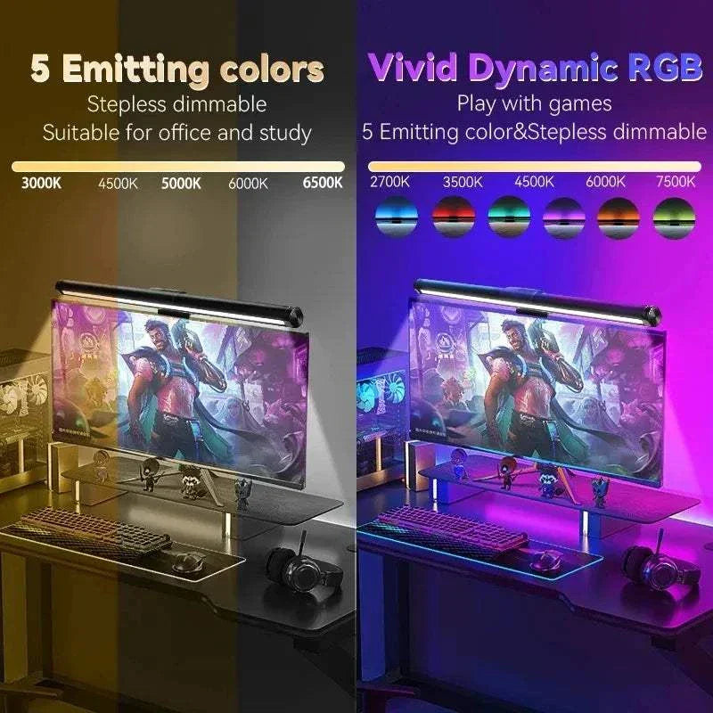 LED Monitor Light Bar showing five color temperature settings and vivid dynamic RGB lighting for gaming atmosphere