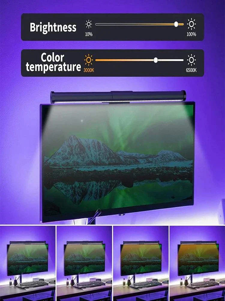 LED monitor light bar mounted on computer screen with adjustable brightness and color temperature settings for eye protection and ambient lighting.
