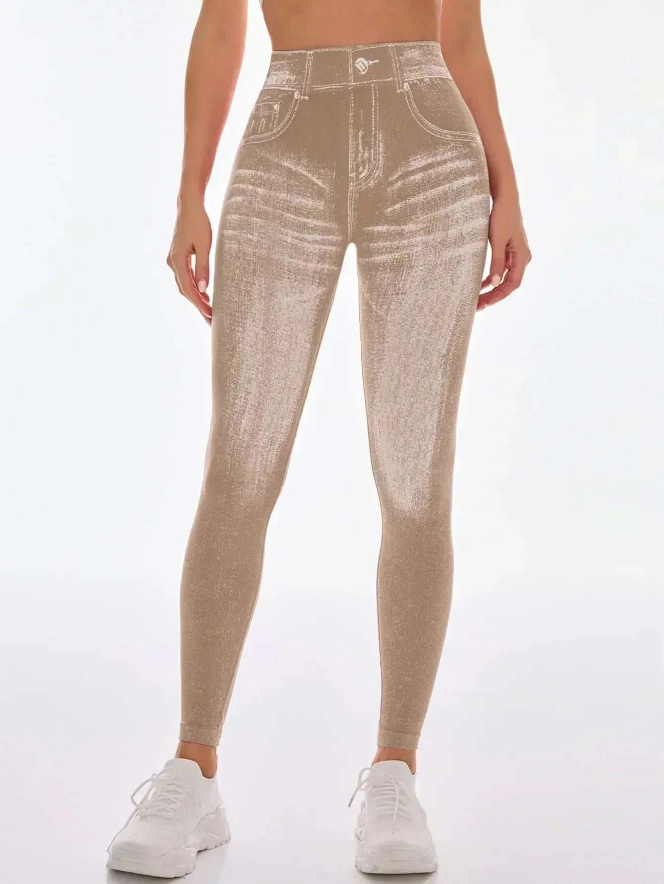 Women’s Athletic Leggings, Seamless Workout Yoga Pants, Faux Denim Look