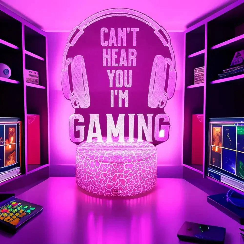Very bright neon gaming sign with "Can't Hear You I'm Gaming" text illuminated in purple LED light, perfect for gaming room decor.
