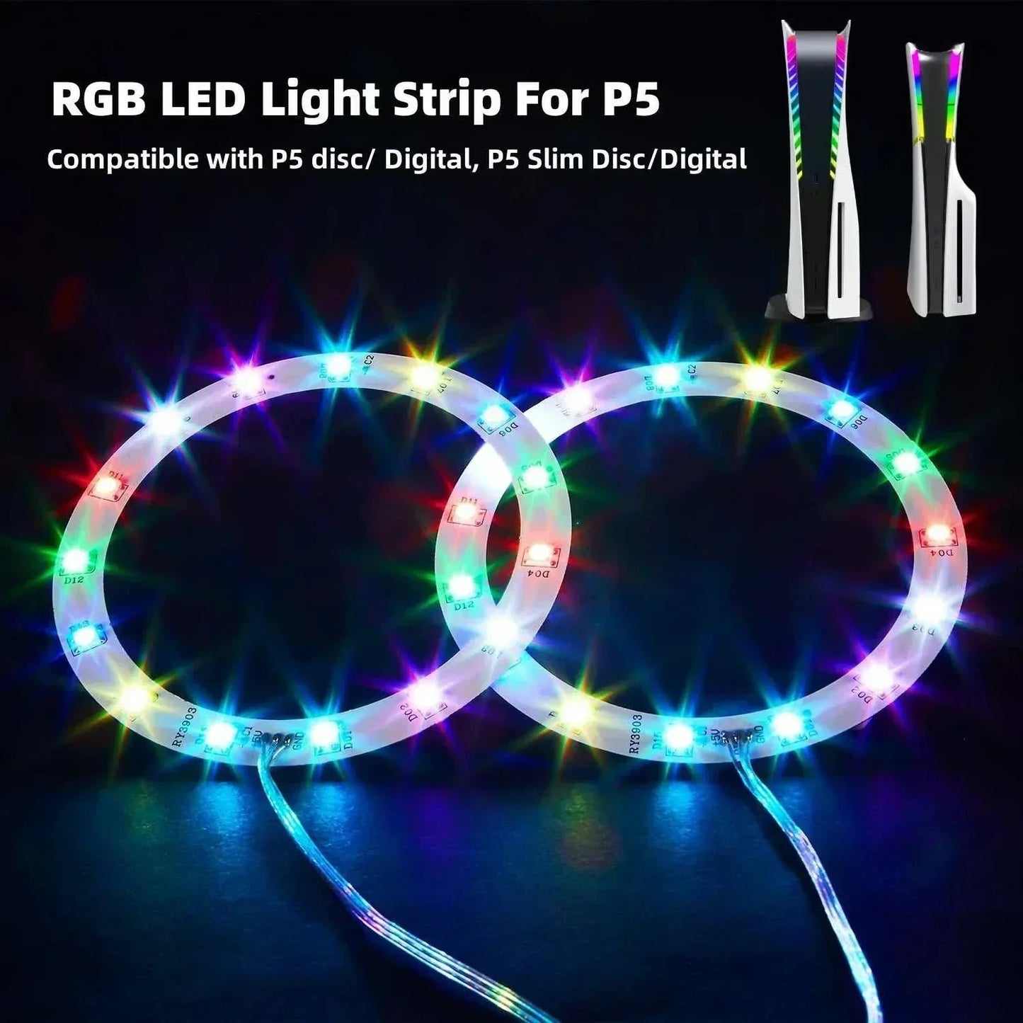 LED RGB circle ligLED RGB Circle Light Strips for PS5 and PS5 Slim with USB, remote, and app control for PS5 and PS5 Slim gaming atmosphere enhancementht strips compatible with PS5 and PS5 Slim, glowing with multicolor lights for gaming atmosphere enhancement